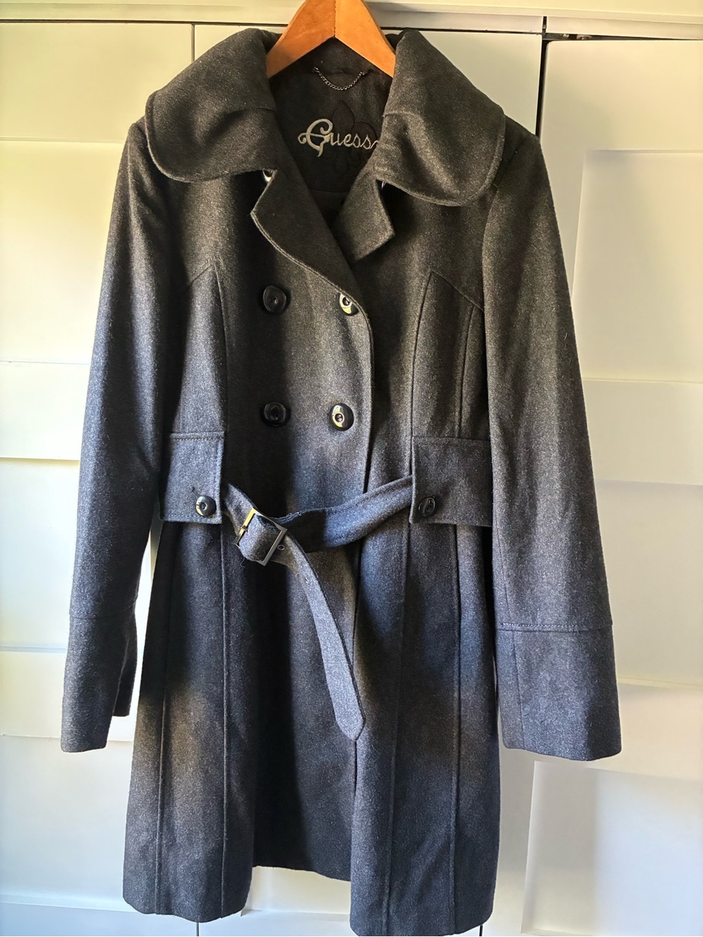 Guess Women's Double-Breasted Wool Blend Wide Collar Coat in Charcoal Gray